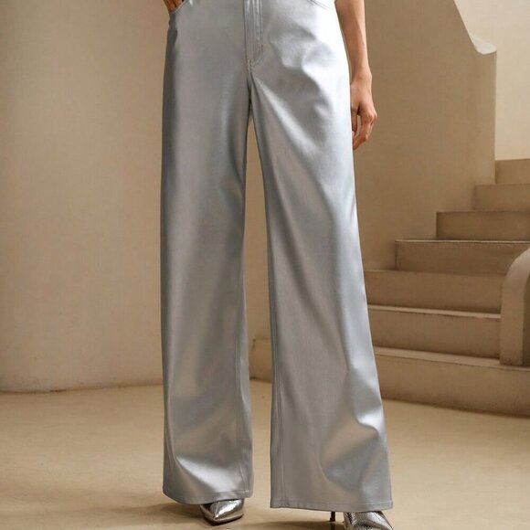 Silver Elegant Women's Faux Leather Urban Metallic Straight Leg Wide Leg Pants - Picture 4 of 5